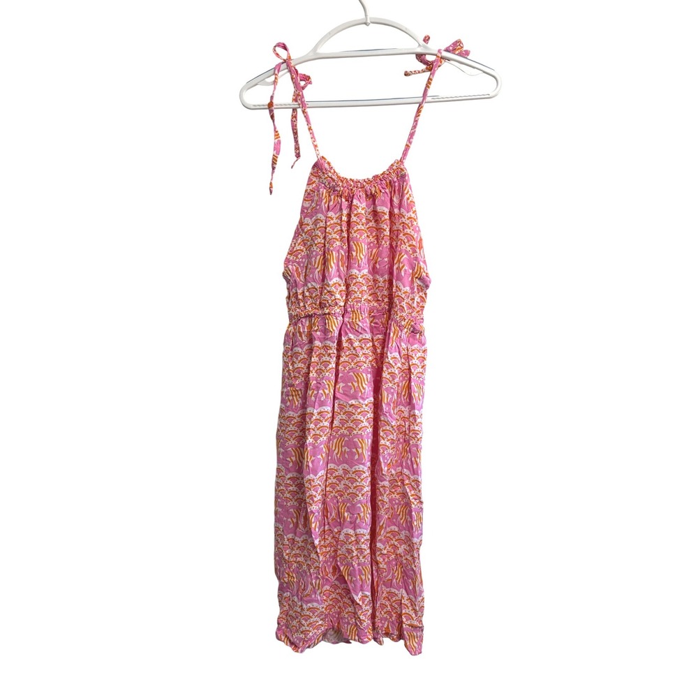 Angela Moore Sundress Pink Fish Print Tie Shoulder Smocked Waist XL